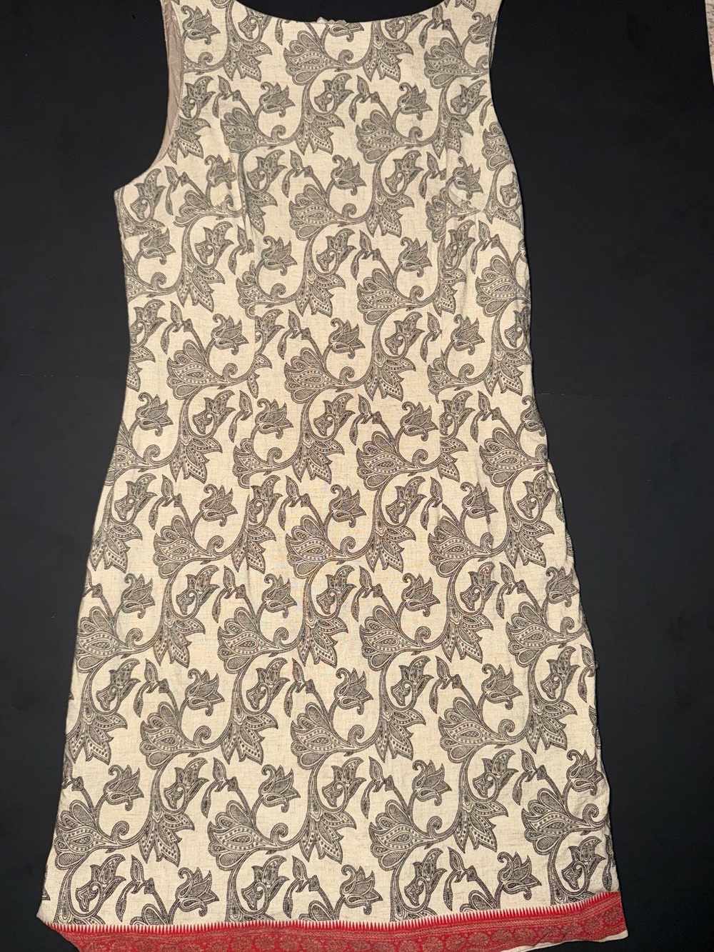 CDC Cream Dress with Gray Floral Motif and Red Hem Accent